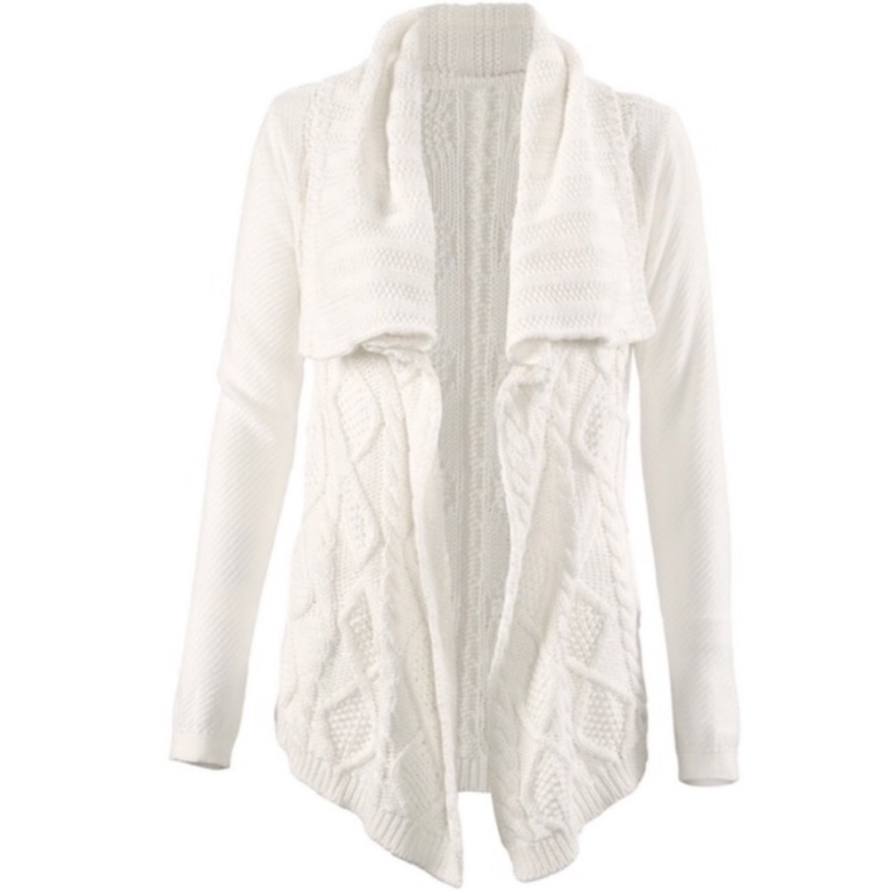 CAbi White Cable Knit Big Collar Sweater